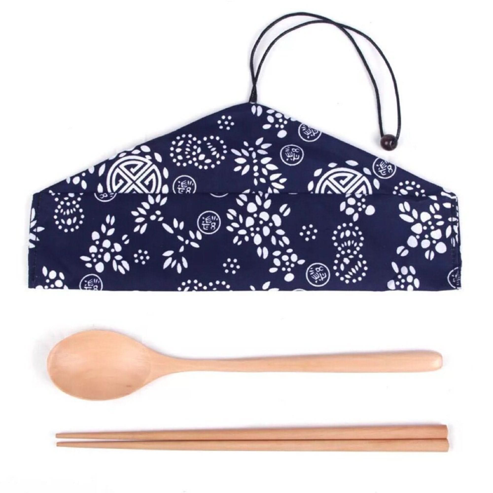 Japanese Wood Cooking Utensils With Fabric Case: Natural wooden spoon & chopsticks set
